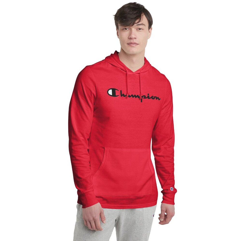 NEW Champion Midweight T Shirt Pullover Hoodie! M Red Graphic Script Logo #t4177